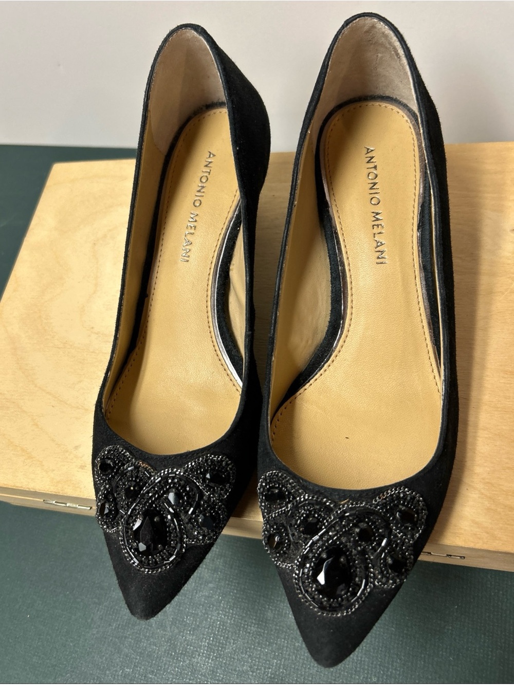 ANTONIO MELANI Black Suede Leather  Beaded Pointed Kitten Heel 7.5M